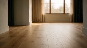A bright empty room with very wide oak floorboards showing long continuous grain