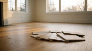 Flooring samples laid out on a wood floor in a bright empty room