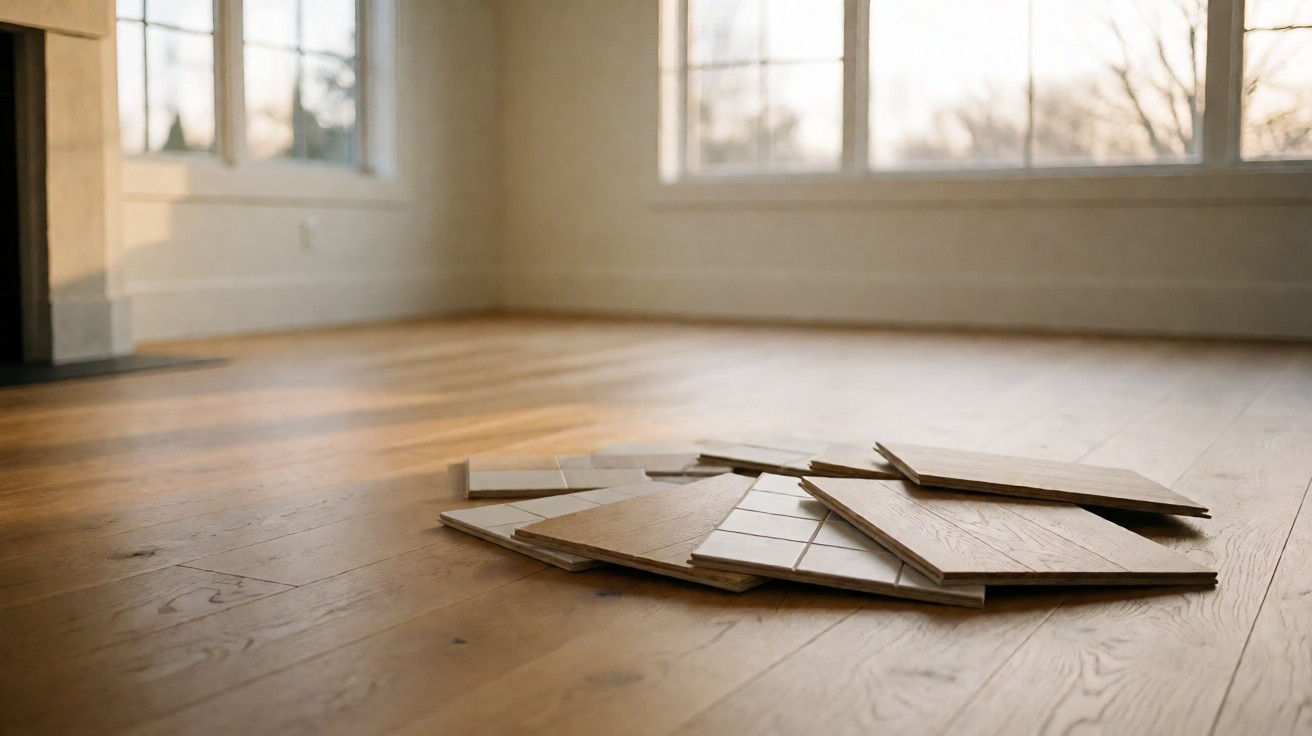 Flooring samples laid out on a wood floor in a bright empty room