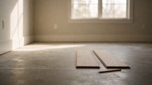 Chalk line across a bare subfloor with two cut planks resting beside it