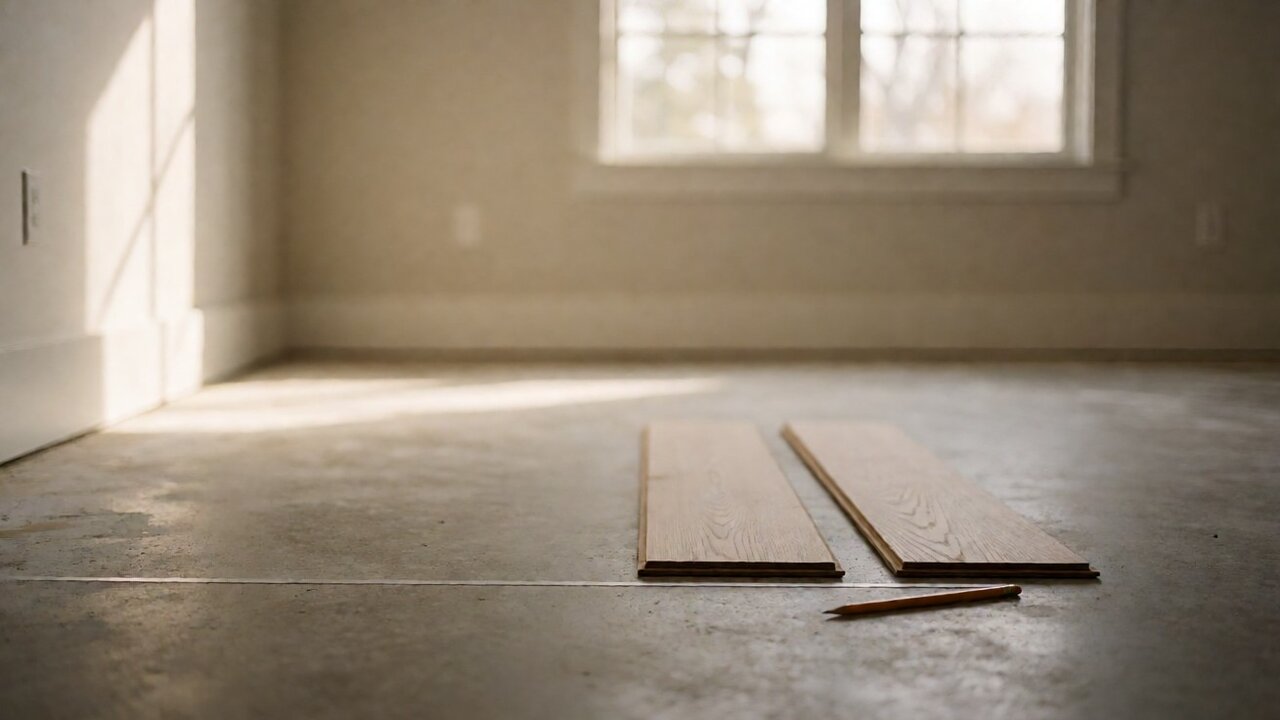 Chalk line across a bare subfloor with two cut planks resting beside it