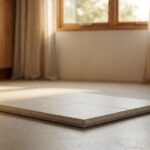 Porcelain tile in pale stone grey showing face surface and chamfered edge