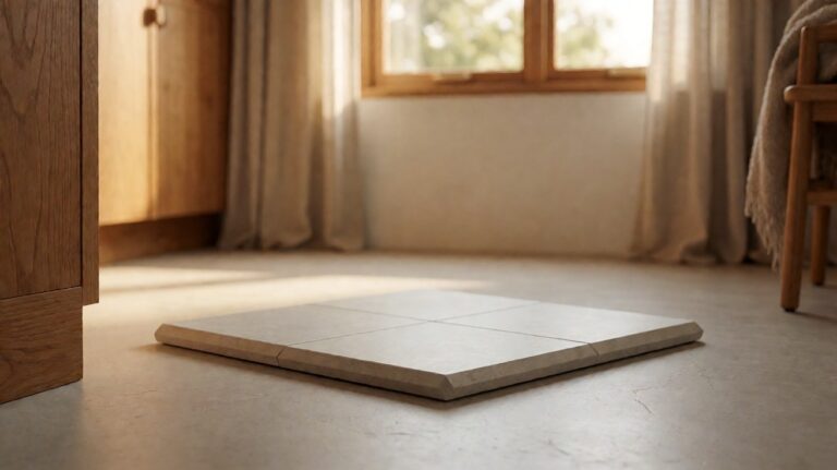 Porcelain tile in pale stone grey showing face surface and chamfered edge