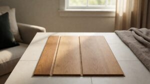 Three laminate planks of different widths laid side by side, narrow to wide