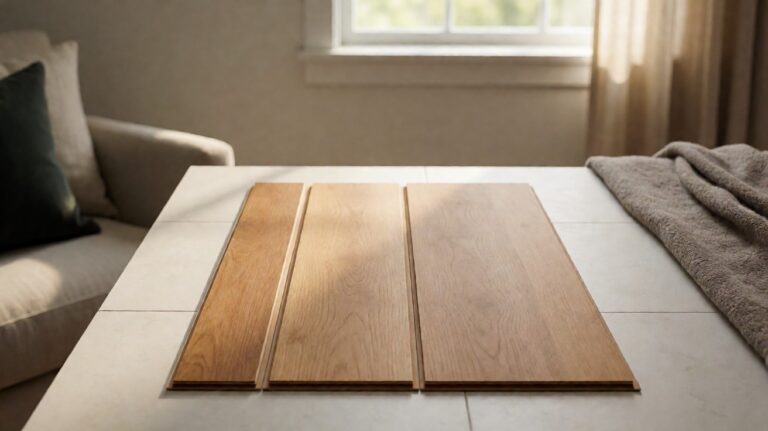 Three laminate planks of different widths laid side by side, narrow to wide