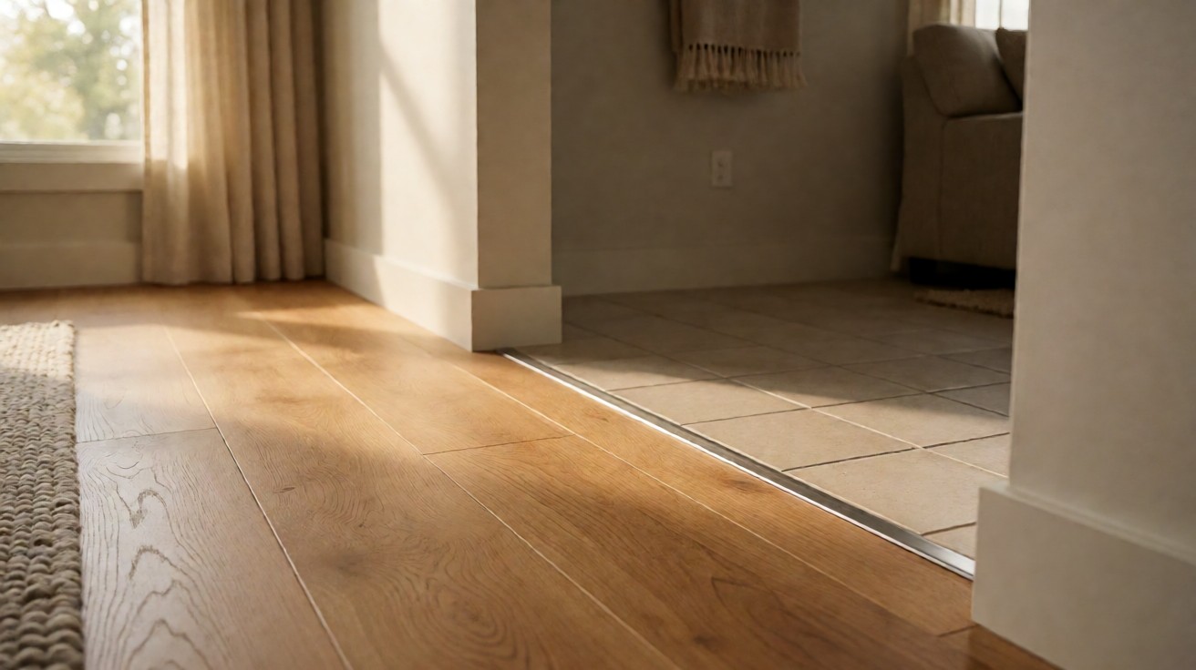 Metal transition strip where oak wood flooring meets porcelain tile at a doorway
