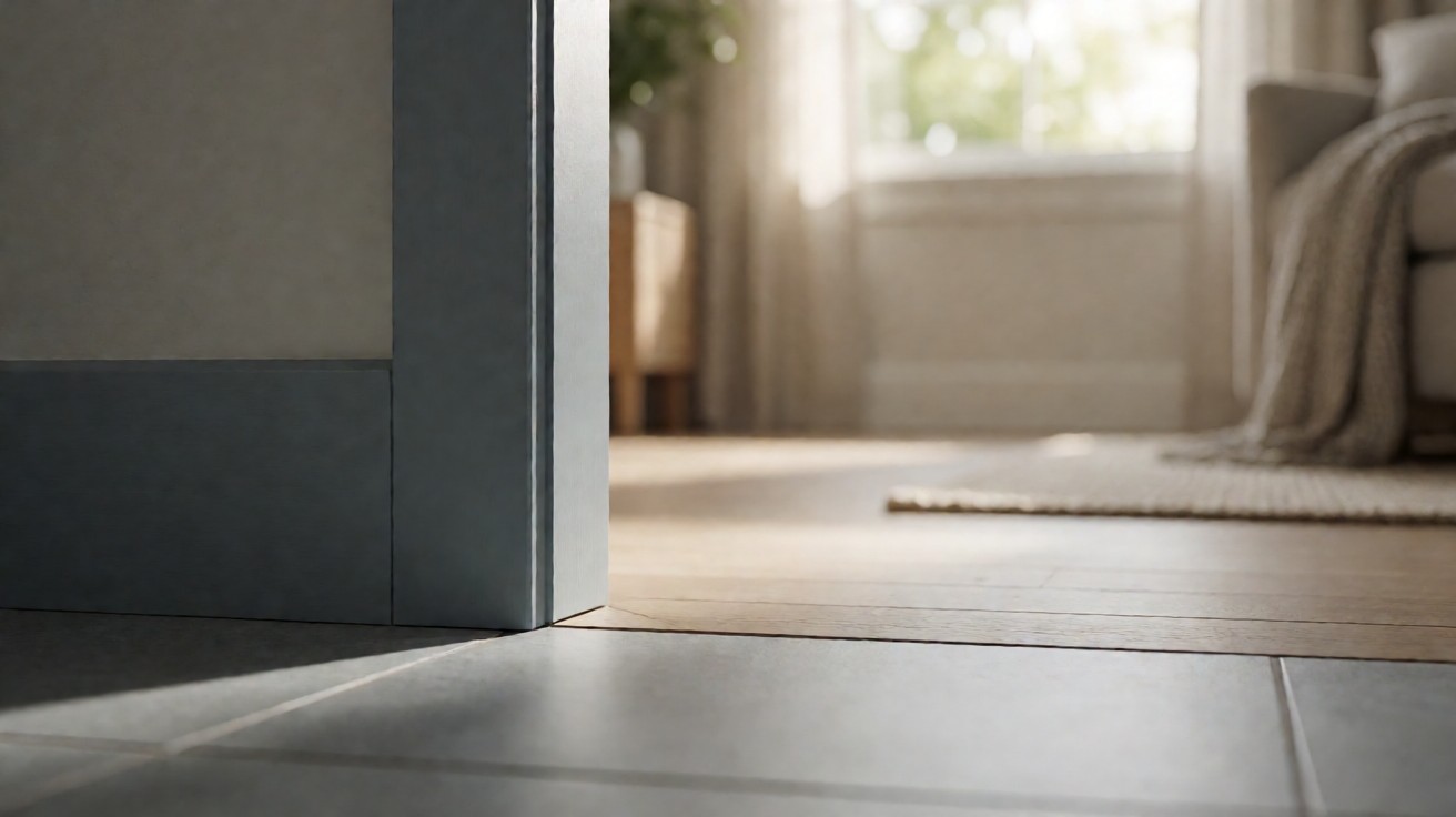 A clean floor edge at a doorway showing tight joints and a flush transition