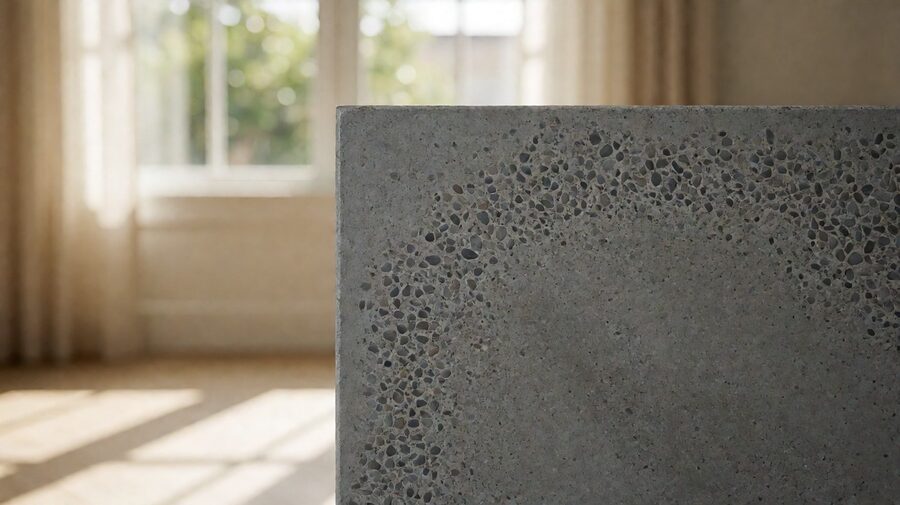 A polished concrete surface showing the sheen and fine aggregate in close-up