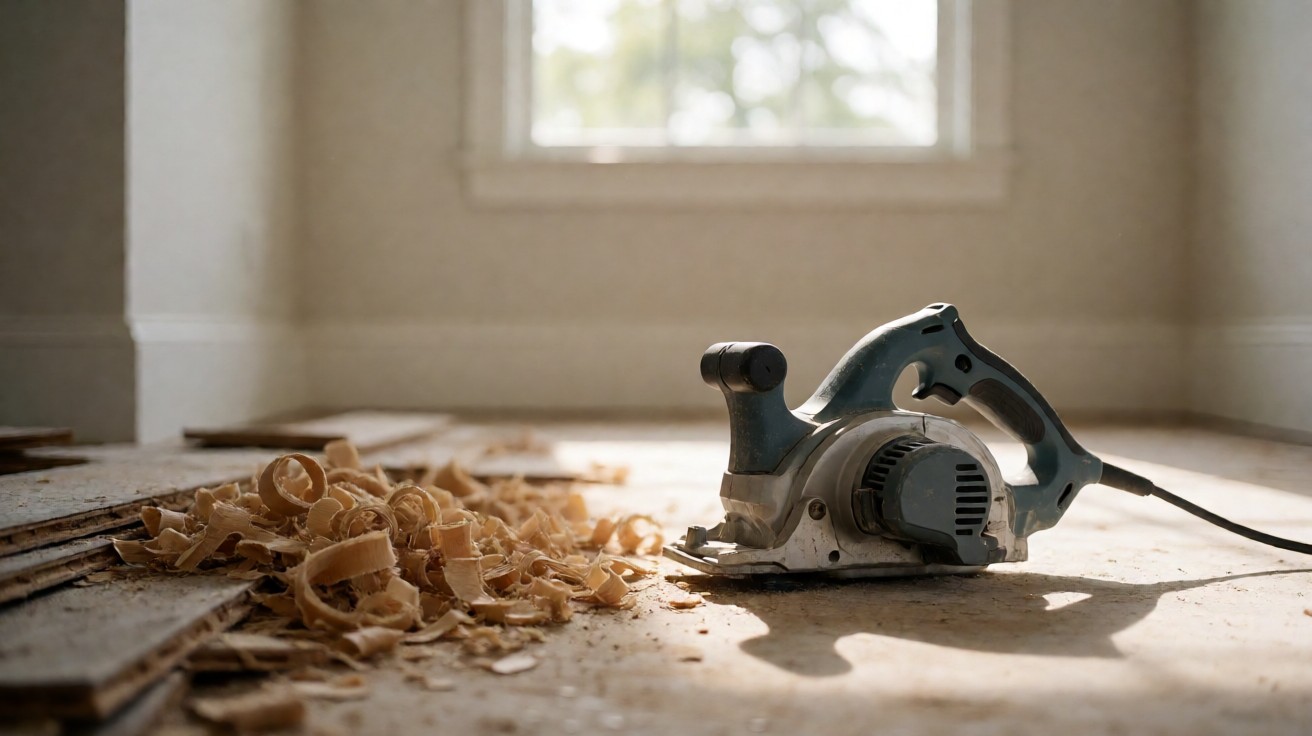 A power planer on a stripped subfloor beside a heap of wood shavings and old floor offcuts