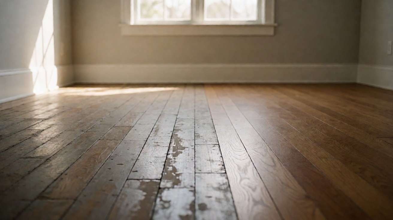 A hardwood floor showing worn boards beside the same floor in newer condition