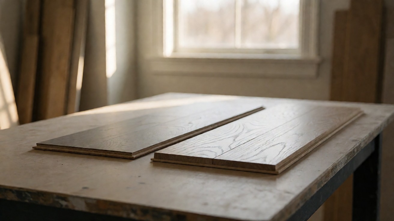 Two oak flooring sample boards of visibly different thickness side by side on a workbench