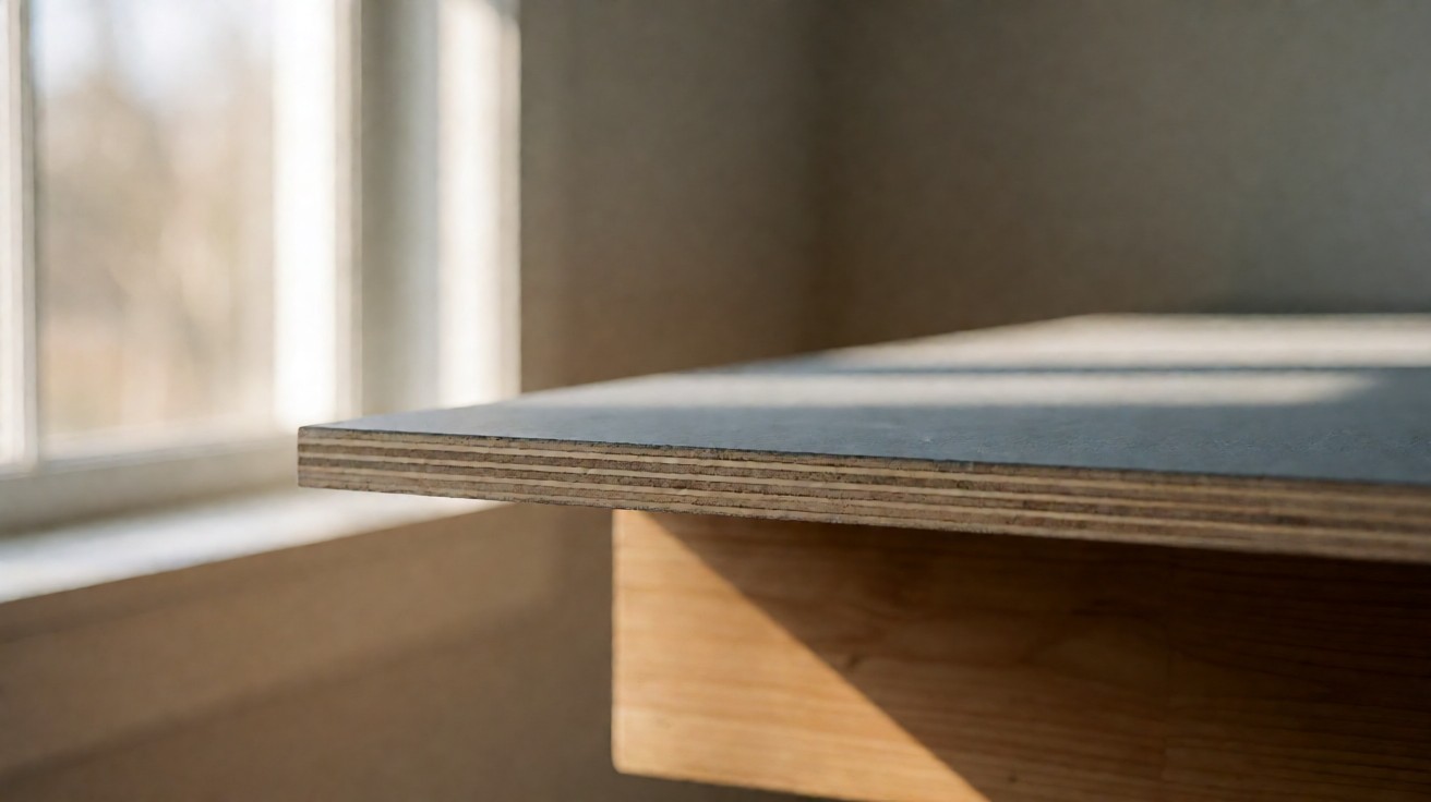 The cut edge of a structural plywood panel showing its layered veneer plies