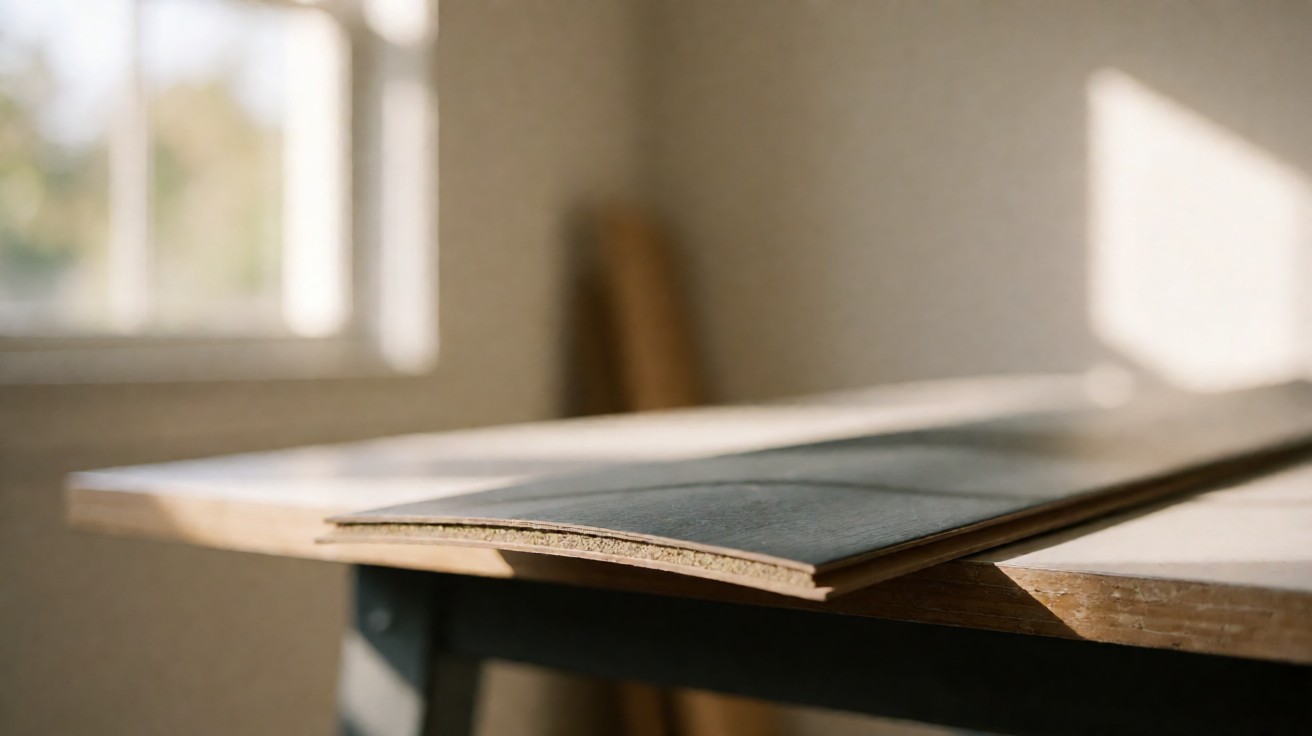 The cut edge of a rigid core vinyl plank showing the stacked layers and stone core