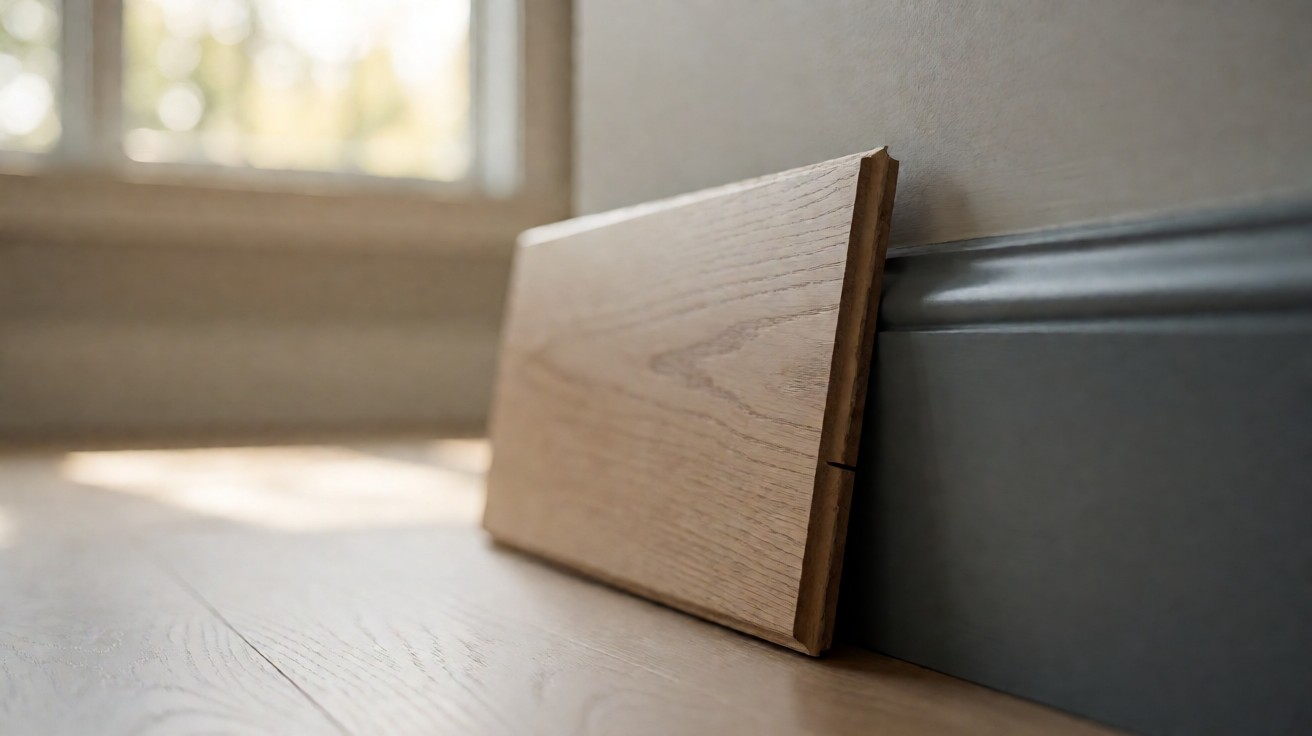 A hardwood plank resting against a dark baseboard with a visible expansion gap