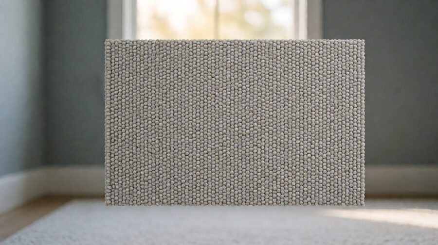 The surface of a loop-pile light grey carpet showing the small curled fiber loops