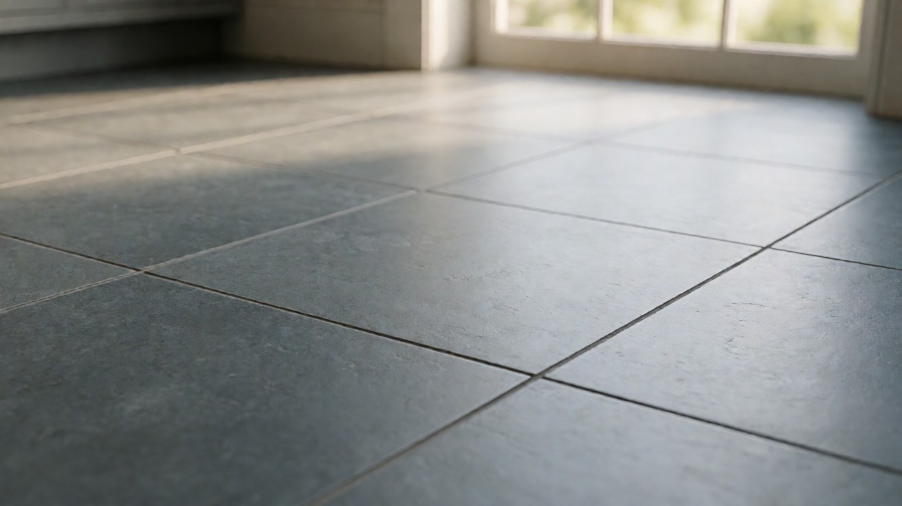 The surface of grey porcelain tiles with visible thin dark grout lines