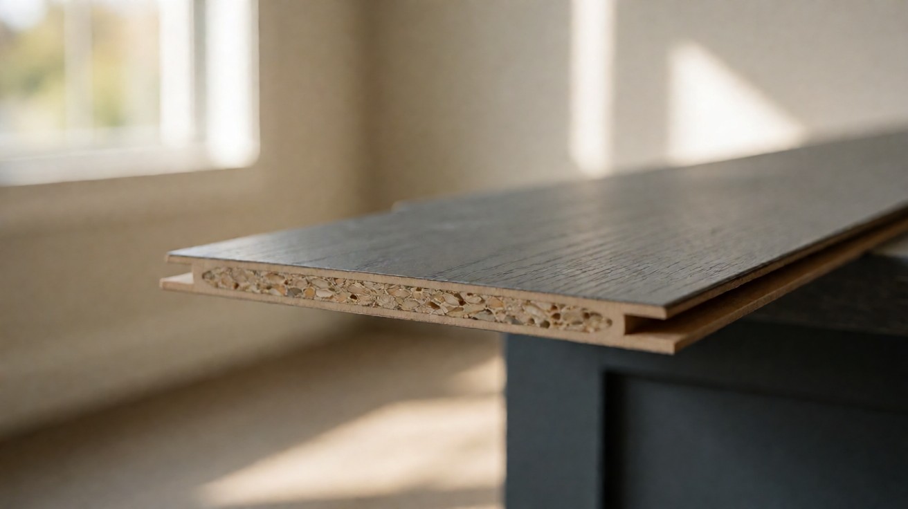 The tongue and groove profile at the cut edge of a laminate plank showing the particle core