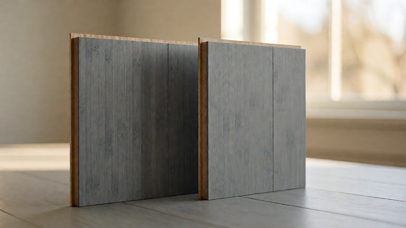 Two bamboo plank samples side by side showing strand-woven and engineered core cross-sections