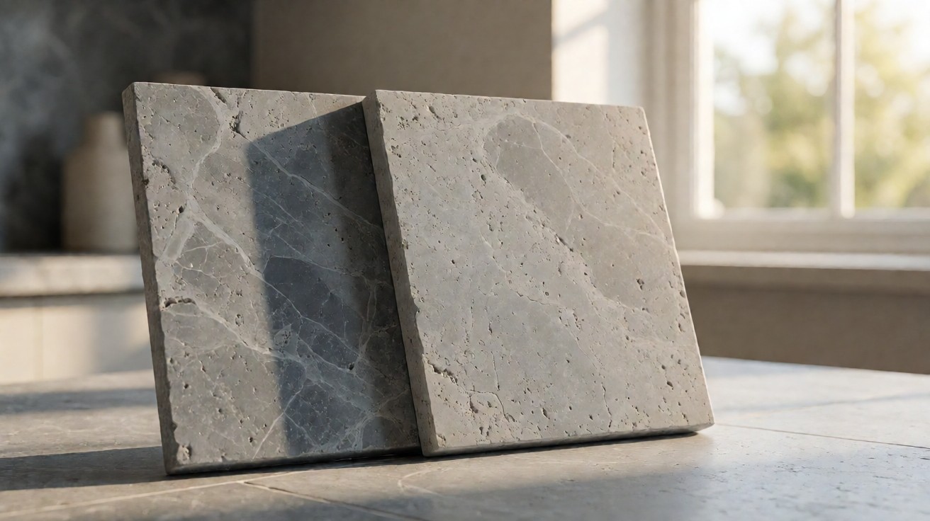 Two honed stone samples side by side showing natural surface pitting and veining