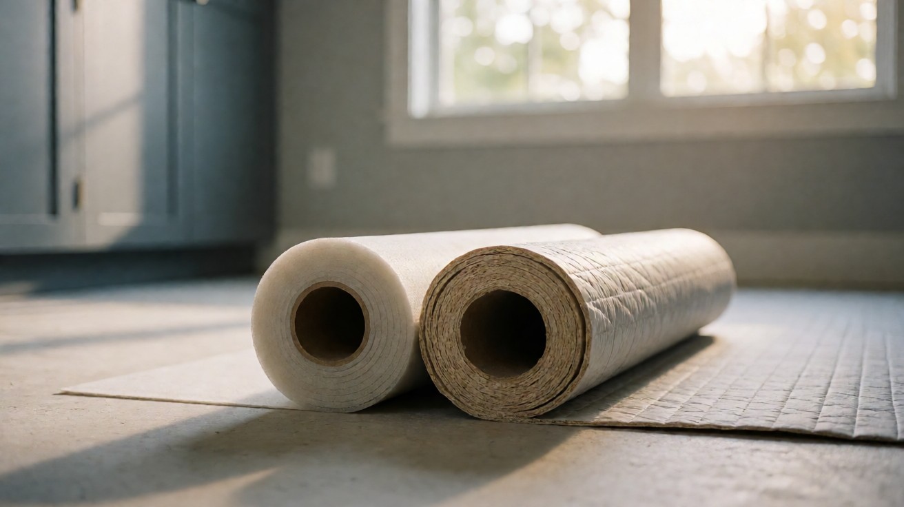 Two rolls of flooring underlayment showing different thicknesses side by side