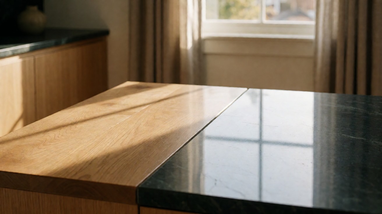 A polished stone surface showing mirror reflection beside a honed surface with satin reflection