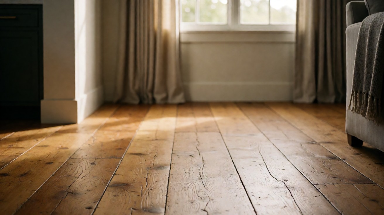Close-up of a salvaged antique heart pine plank floor with deep patina and checking