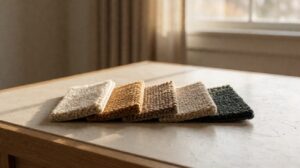 Five carpet fiber swatch samples showing different pile textures and colors side by side