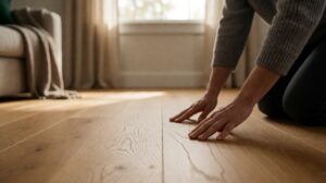 Finished matte hardwood boards beside a raw sanded unfinished oak plank