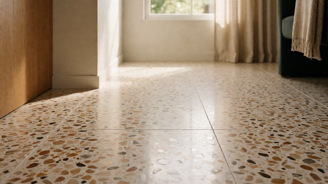 Close-up of polished terrazzo showing embedded marble and glass aggregate chips