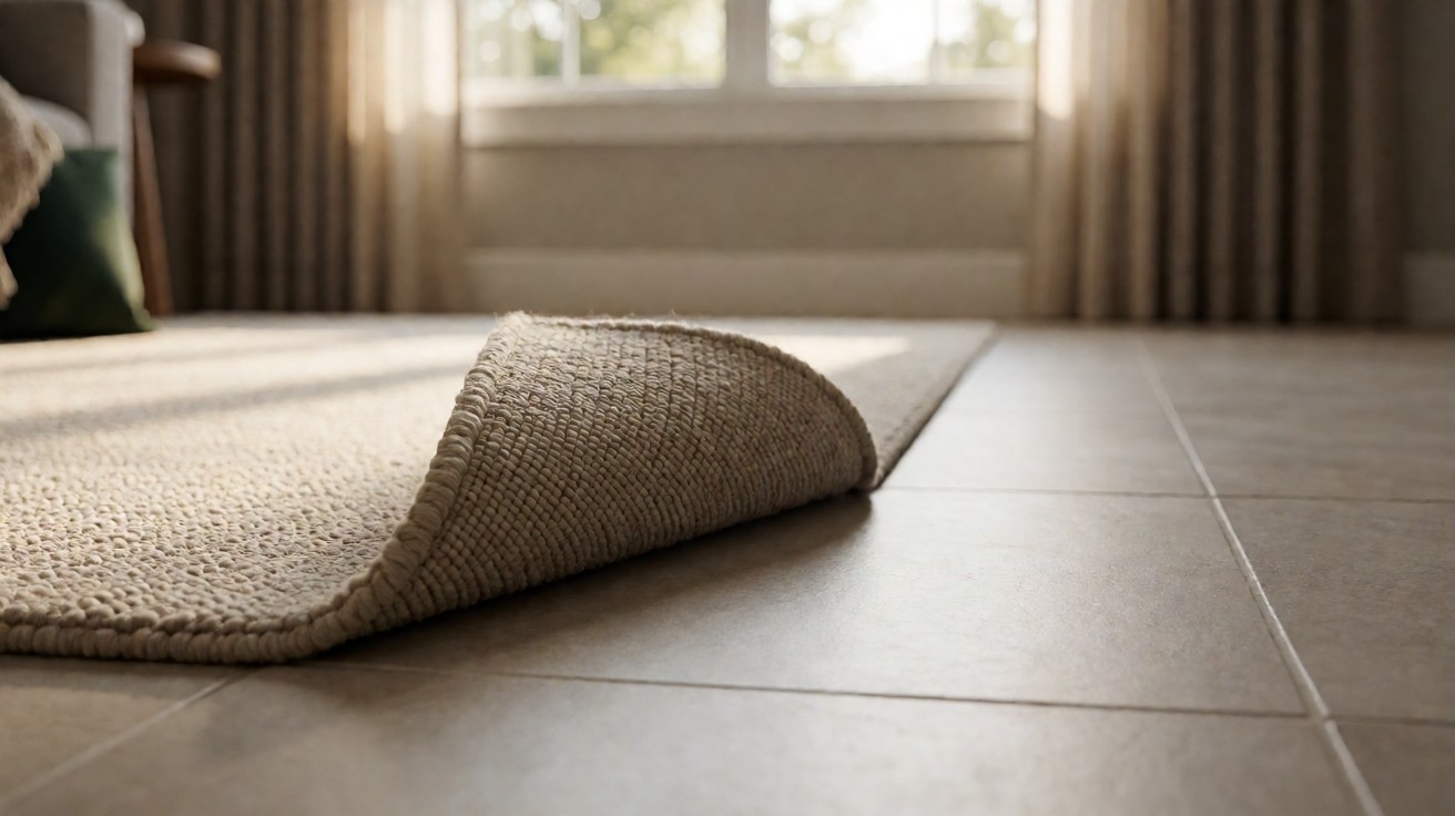 Close-up of a loop pile carpet corner pulled back to show the dense rows of loops