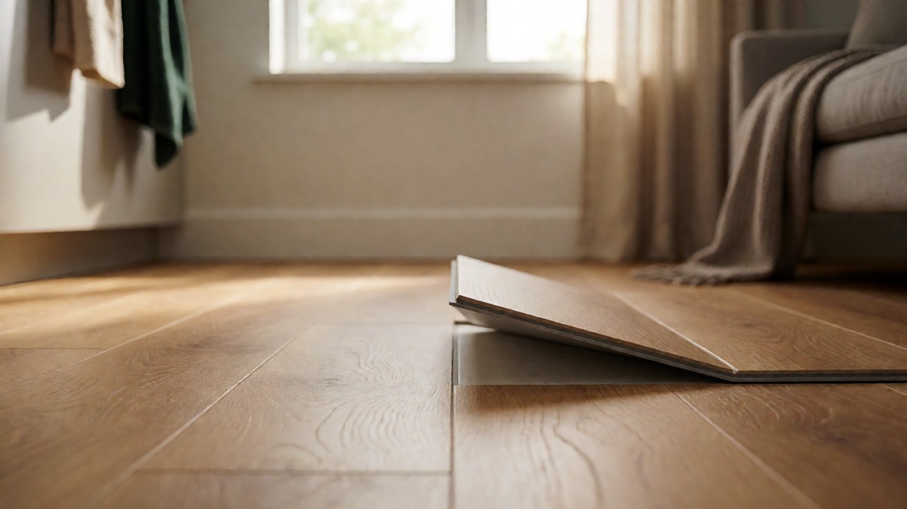 Close-up of a luxury vinyl tile corner lifted showing its rigid core and wear layer
