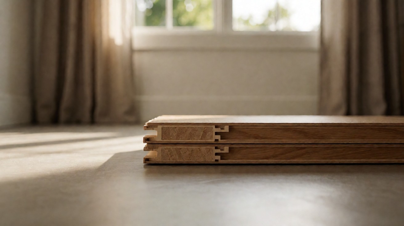 Cut edge of two laminate planks showing different core density and locking groove construction