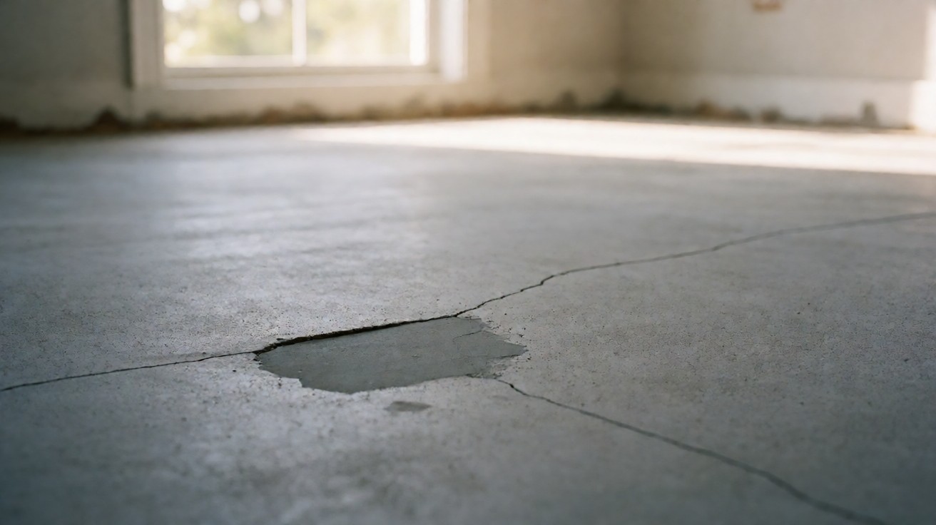 A low-angle view of a cracked concrete slab with a smooth patch