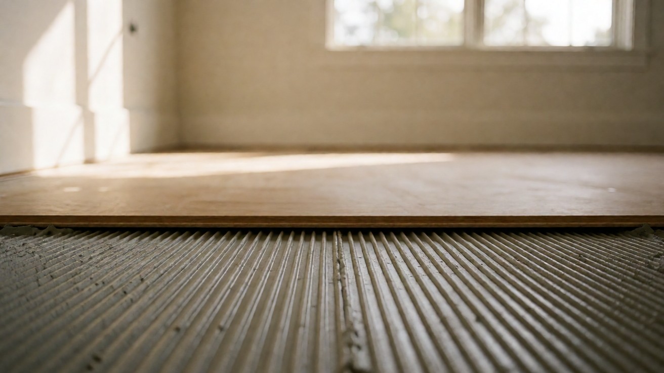 Parallel ridges of adhesive on a subfloor