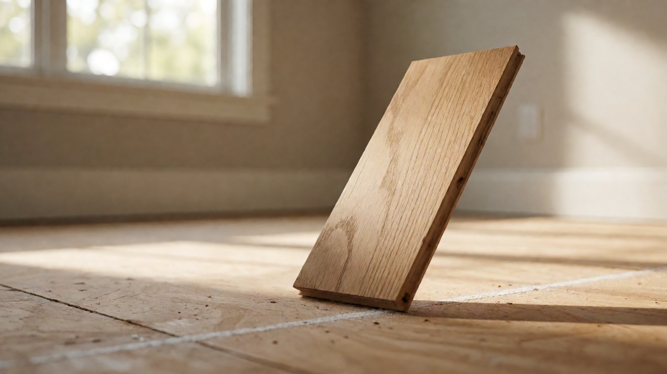 An oak plank laid diagonally against a snapped chalk line on a subfloor