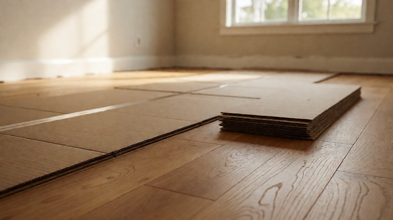 Protective sheets covering part of a newly laid plank floor