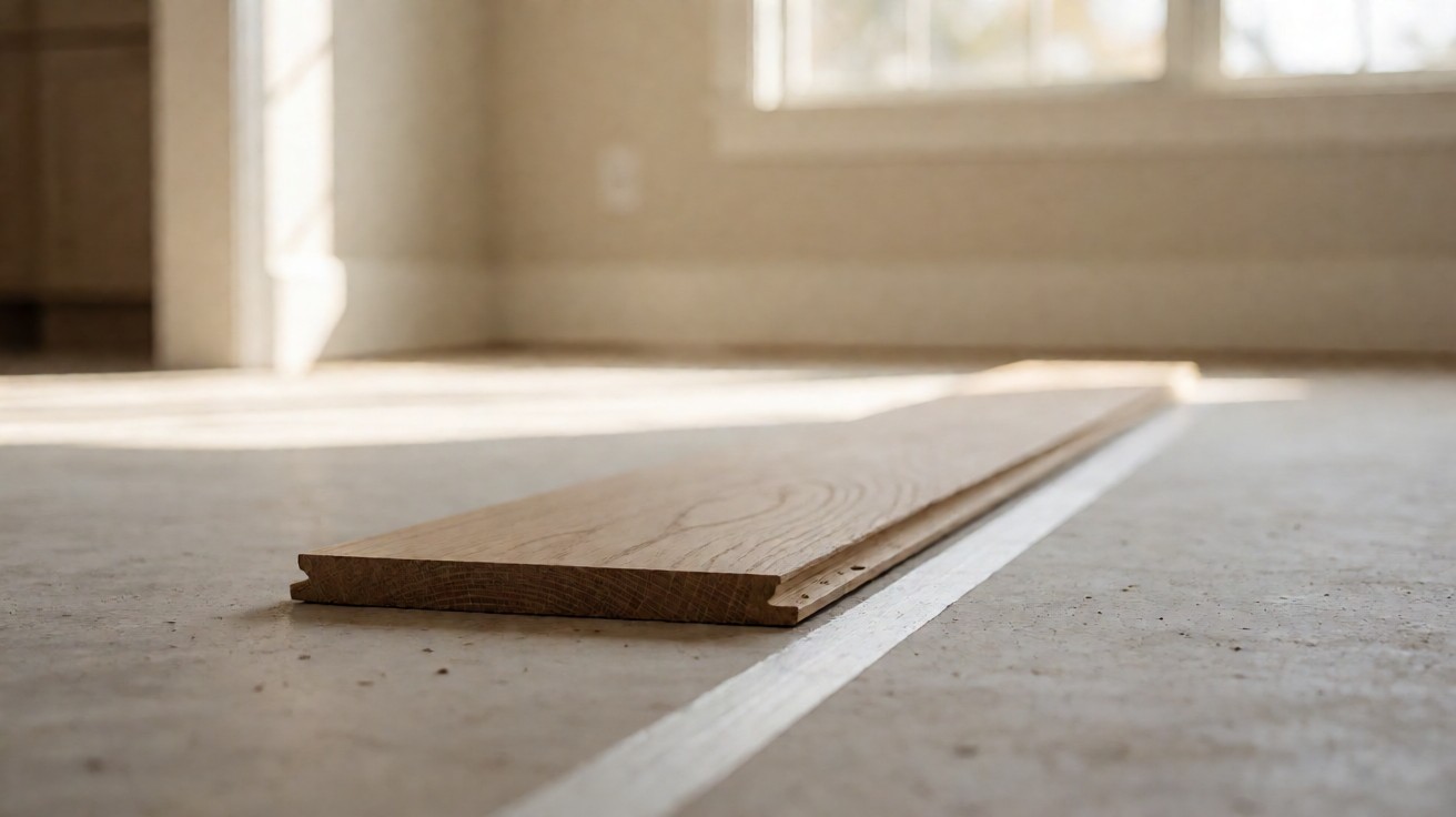A cut plank end lying beside a chalk line on the subfloor