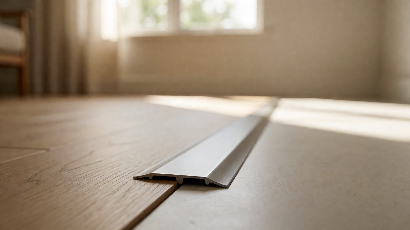 A slim metal transition strip with a low step across the joint between two floors
