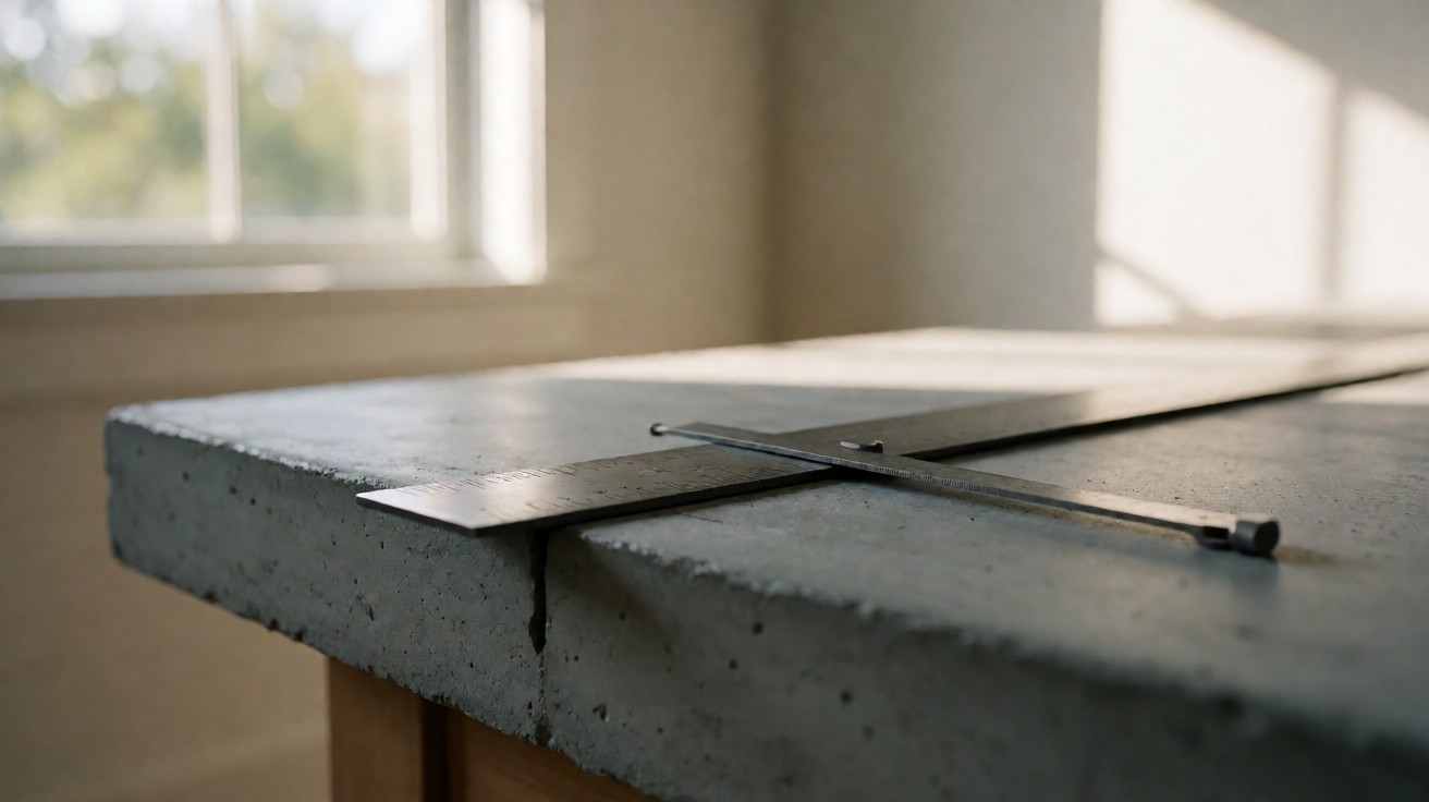A straightedge resting on a subfloor with a shim checking the gap beneath its edge