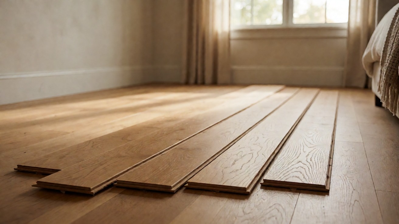 Loose hardwood planks laid out in a single layer on a floor