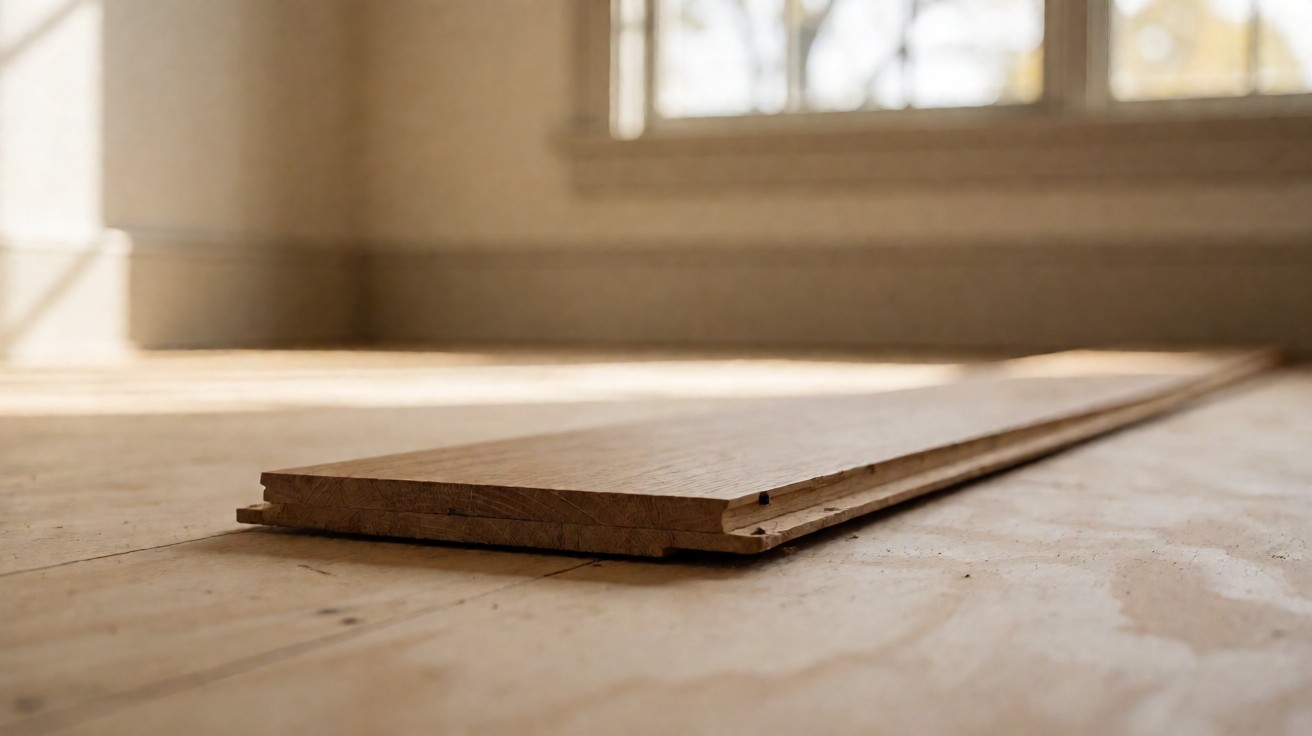 The tongue edge of a hardwood plank on a subfloor