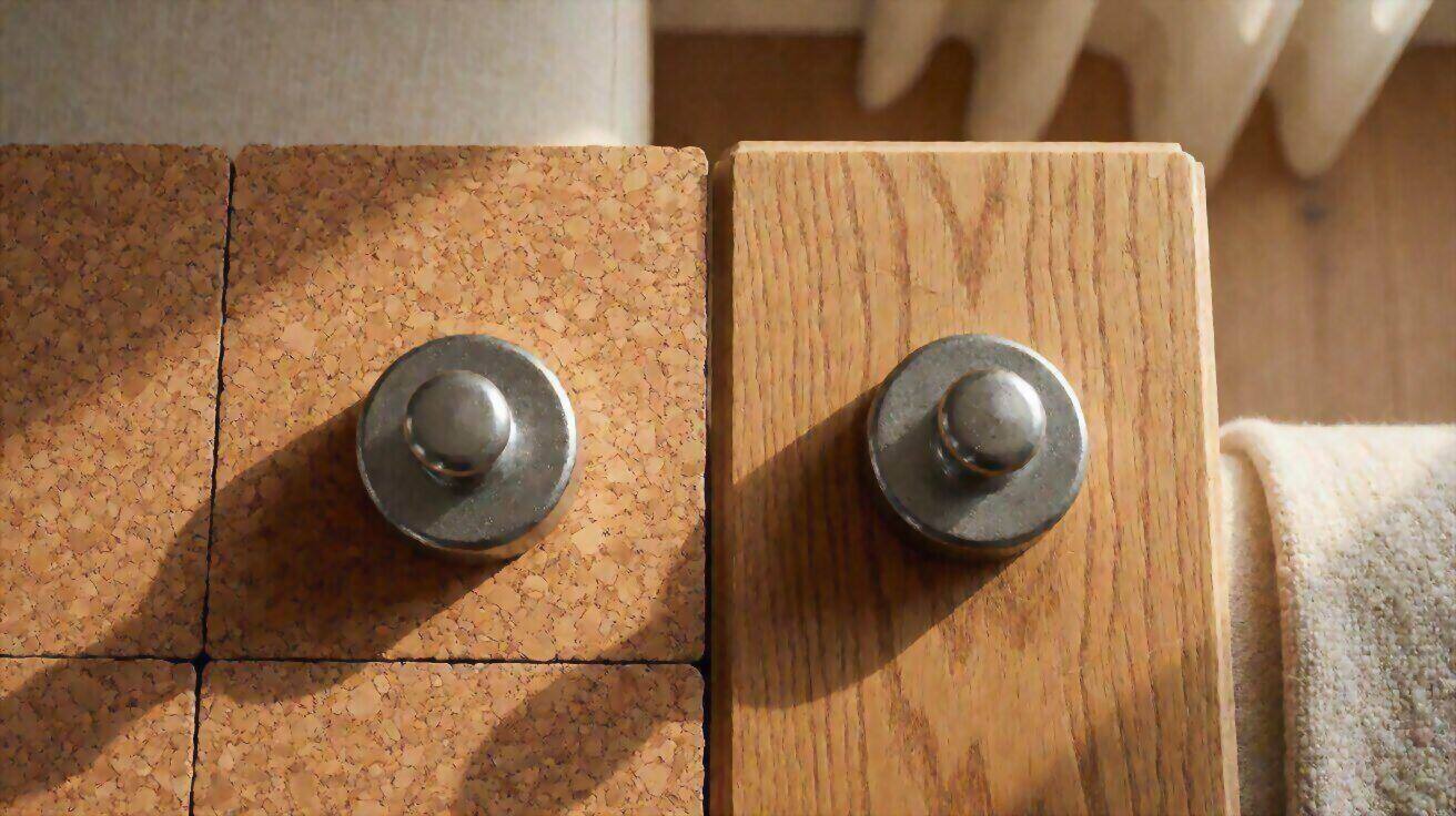 A metal weight compressing a cork tile beside a weight on an oak plank