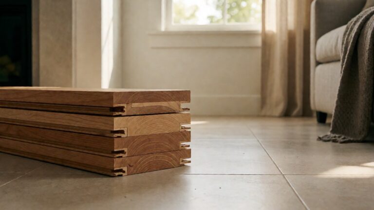 Cross-section of stacked hardwood planks showing differing thicknesses