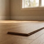 Cut plank sample on a finished floor with the cross-section edge visible