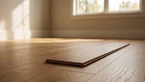 Cut plank sample on a finished floor with the cross-section edge visible