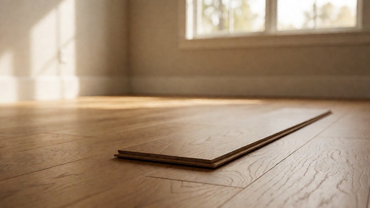 Cut plank sample on a finished floor with the cross-section edge visible