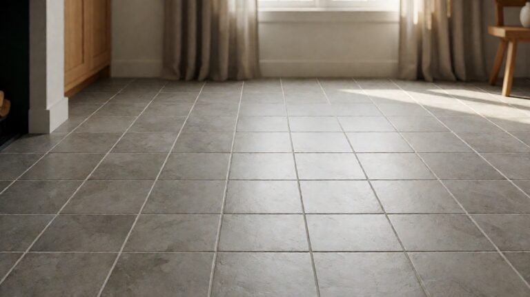 Identical square vinyl tiles in a grey stone-look pattern laid in a straight grid