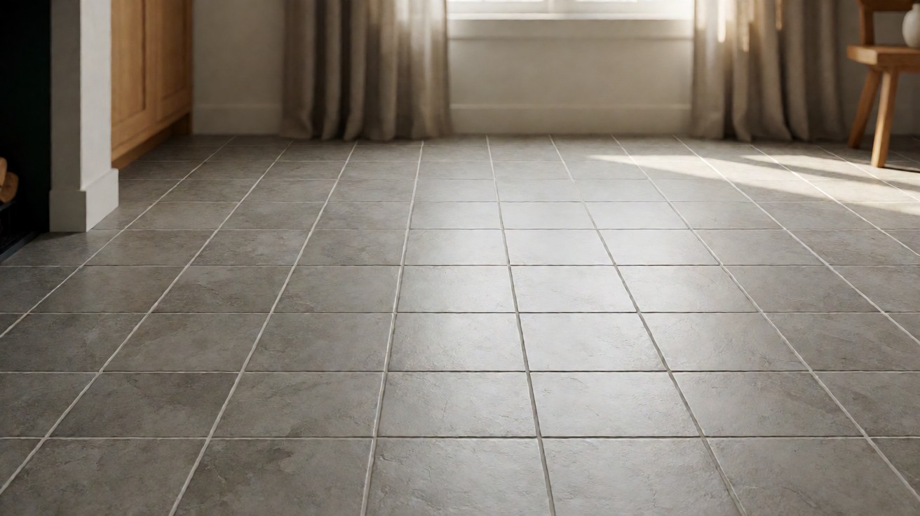 Identical square vinyl tiles in a grey stone-look pattern laid in a straight grid