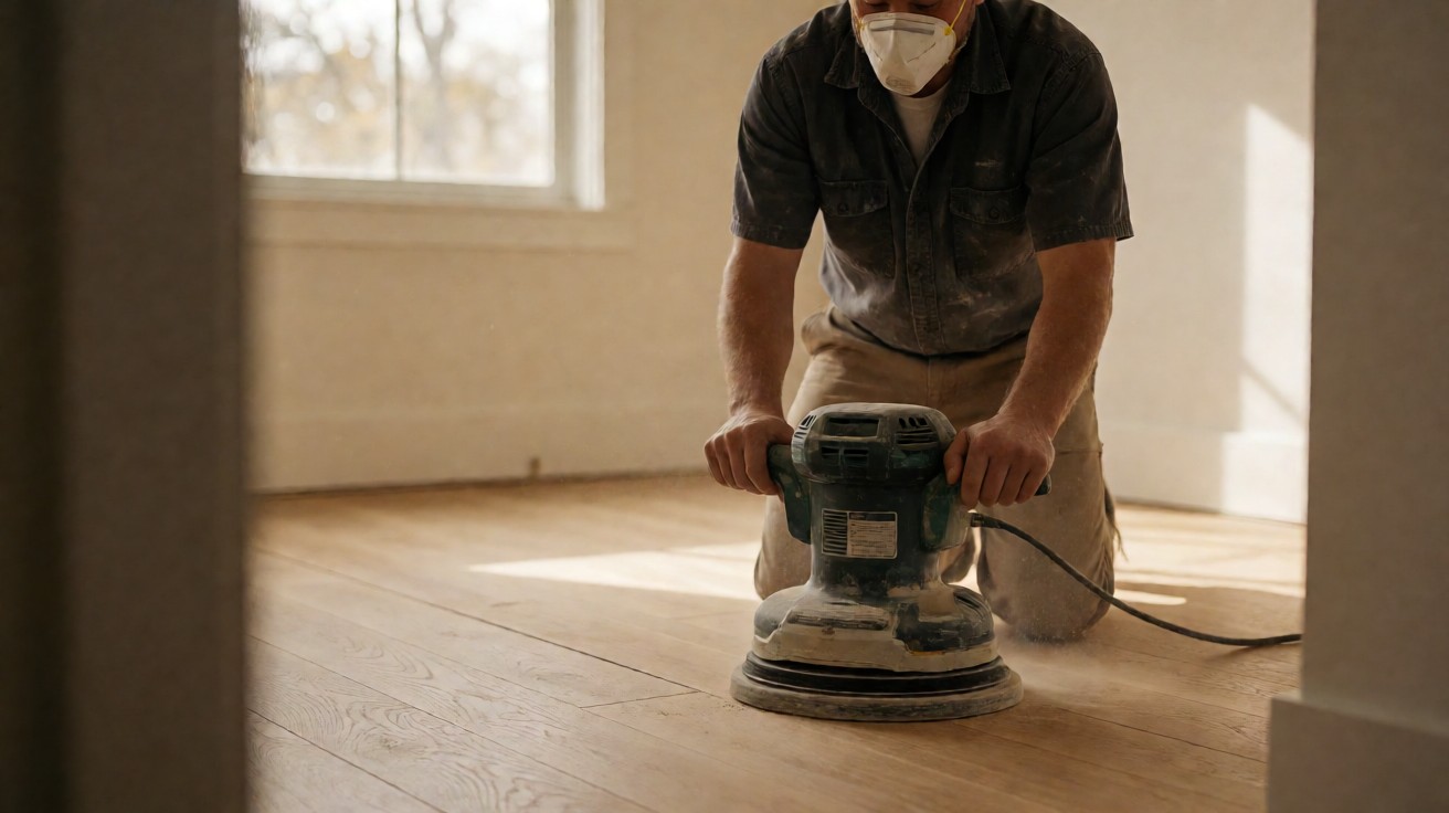 Installer in a dust mask sanding bare oak floorboards with an orbital sander during a site finish
