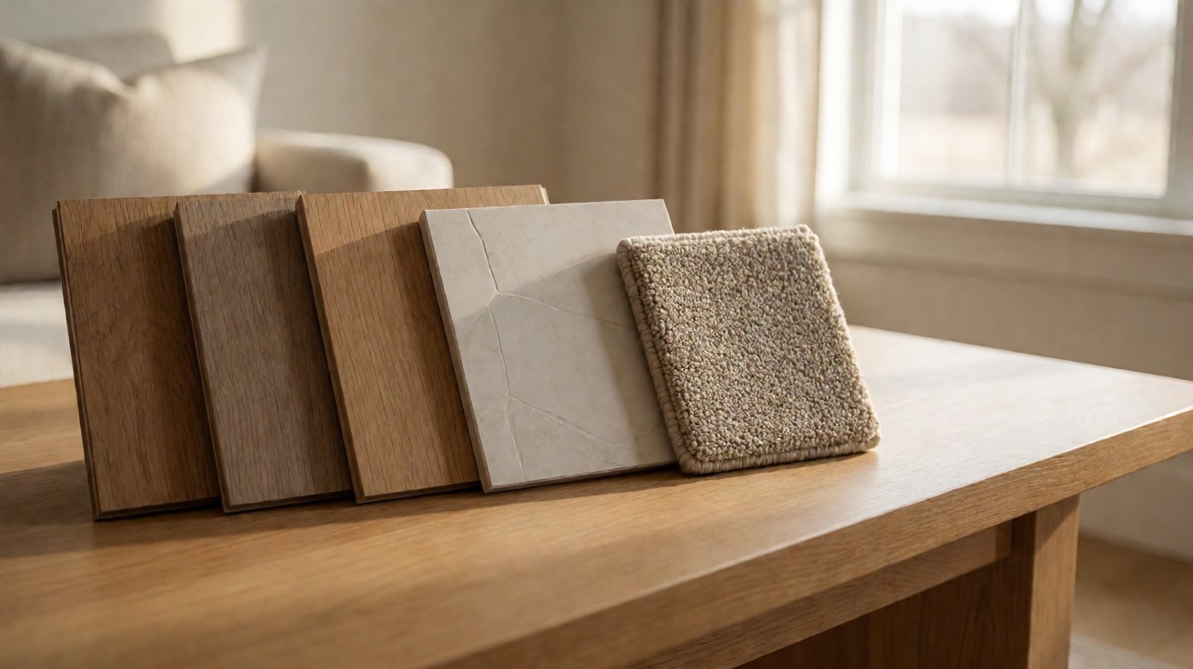 Row of flooring samples on an oak table in a bright living room